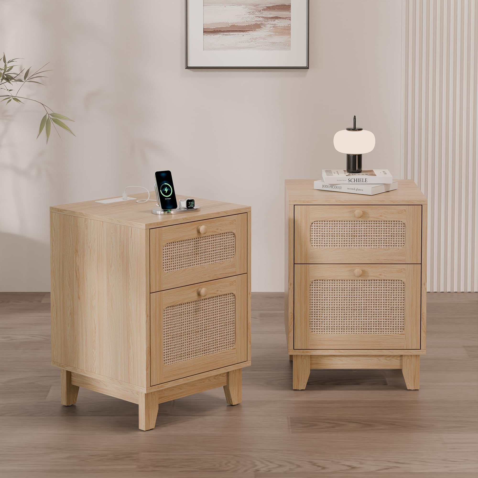 Modern Rattan Nightstand Set of 2, Wicker Rattan Stand with Drawer and Charge Station, Wooden Bedside Table for Small Spaces, Natural Wood Side Table for Bedroom (with Charging Station, 2)