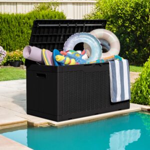 Greesum 100 Gallon Resin Deck Box Lockable Large Outdoor Storage Boxes for Garden Tools, Patio Furniture Cushions, Pool Supplies, Black