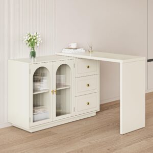 RoyalCraft Makeup Vanity Desk, Extendable Corner Vanity Makeup Table with 3 Drawers & 2 Doors, Modern Dressing Table for Bedroom, White Makeup Vanity Without Mirror