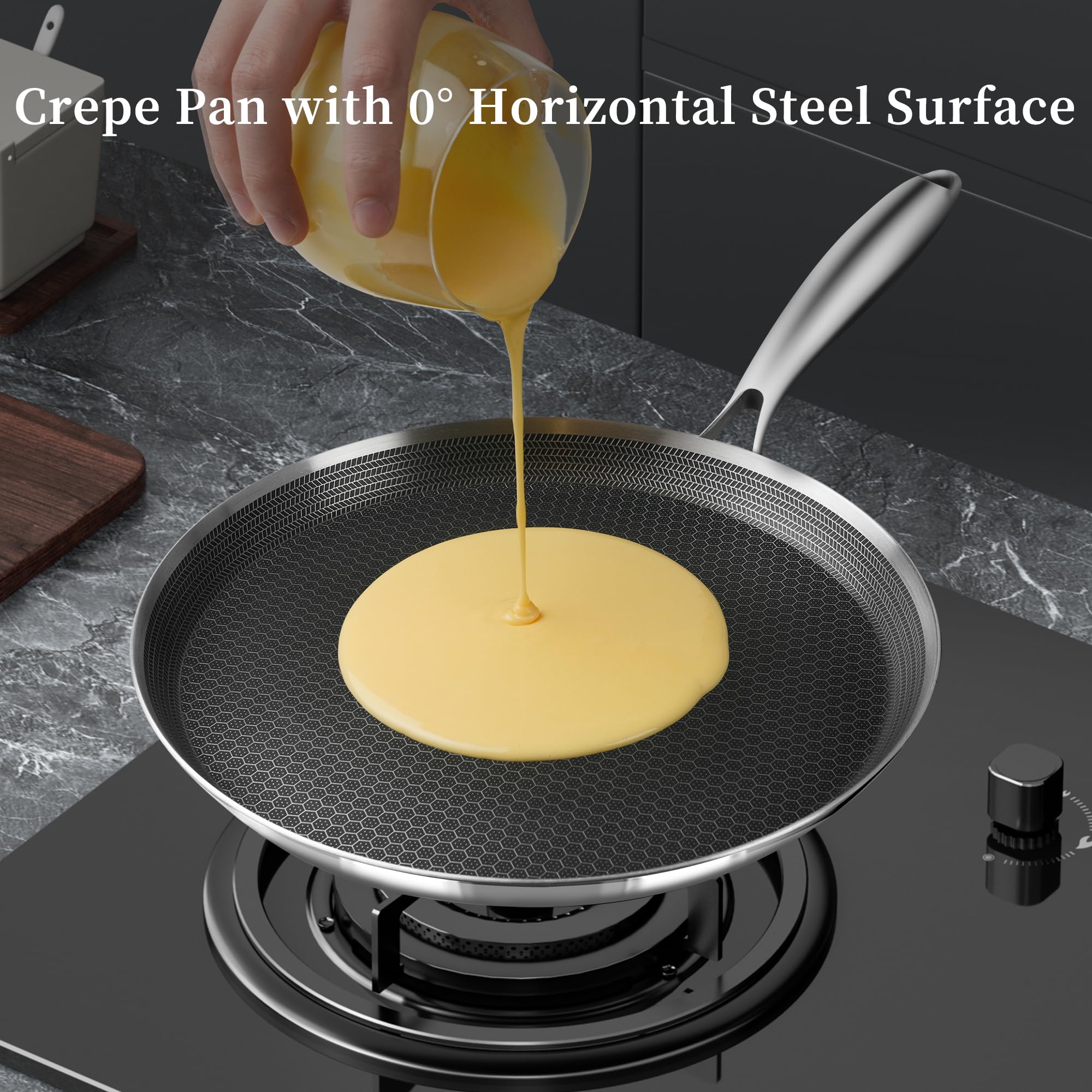 Innerwell Nonstick Crepe Pan 10 inch Stainless Steel Crepe Pan Honeycomb Coating Flat Skillet Tawa Dosa Tortilla Pan,Omelet Pan with All Stove Tops Available, Induction Compatible