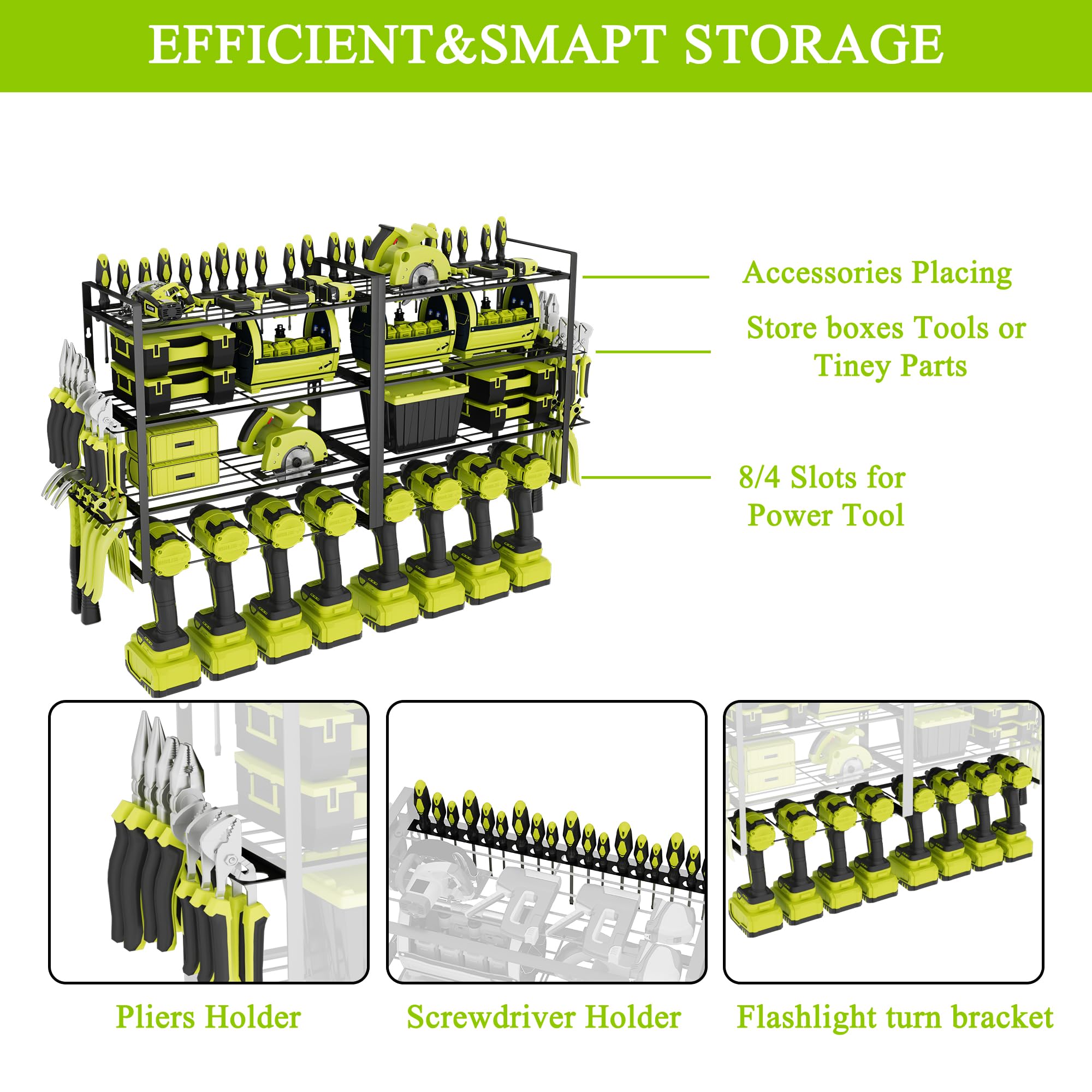 Power Tool Organizer,8 Power Drill Holder Wall Mount,3 Layers Power Tool Storage Rack Shelf with Hooks,Heavy Duty Metal Cordless Powertool Shelf for Garage Organization with Screwdriver/Plier/Hammer