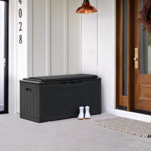 Greesum 100 Gallon Resin Deck Box Large Outdoor Storage with Cushions for Patio Furniture, Garden Tools, Pool Supplies, Weatherproof and UV Resistant, Lockable, Black