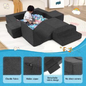 MOOZHEALTH Kids Small Play Couch, Modular Toddler Foam Sofa with Chenille Fabric Cover Children Convertible Soft Playset Climbing Building Blocks for Playroom Nursery Creative Boys & Girls (Gray)