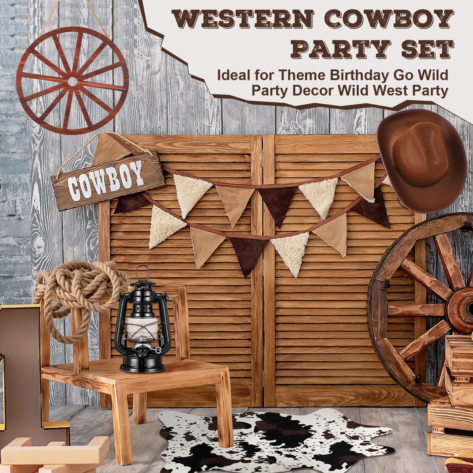 Yuefunny 7 Pcs Western Cowboy Party Decorations Cowhide Rug Wooden Wagon Wheel Brown Cowboy Hat Cast Iron Horseshoe Kerosene Lamp Golden Rope for Theme Birthday Go Wild Party Decor Wild West Party