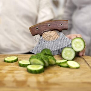 Damascus Ulu Knife with Leather Sheath- Authentic Damascus Steel Multipurpose Kitchen Tool for Chopping, Slicing, and Dicing