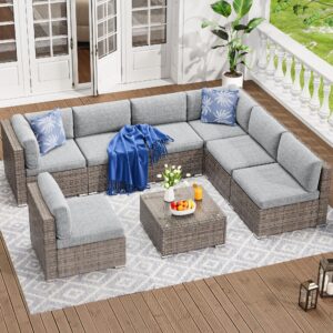 yitahome 8 pieces outdoor patio furniture set, sectional sofa pe rattan wicker conversation set outside couch w/table and cushions for porch lawn garden backyard,gray