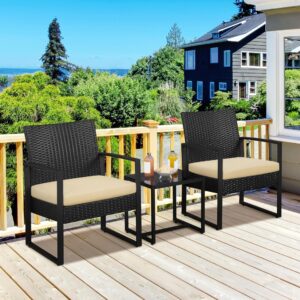 Yaheetech 3-Piece Patio Furniture Set, Rattan Wicker Outdoor Chairs Set of 2 w/Coffee Table - PE Rattan Chair Balcony Conversation Set for Yard/Bistro/Garden/House/Porch, Black/Khaki