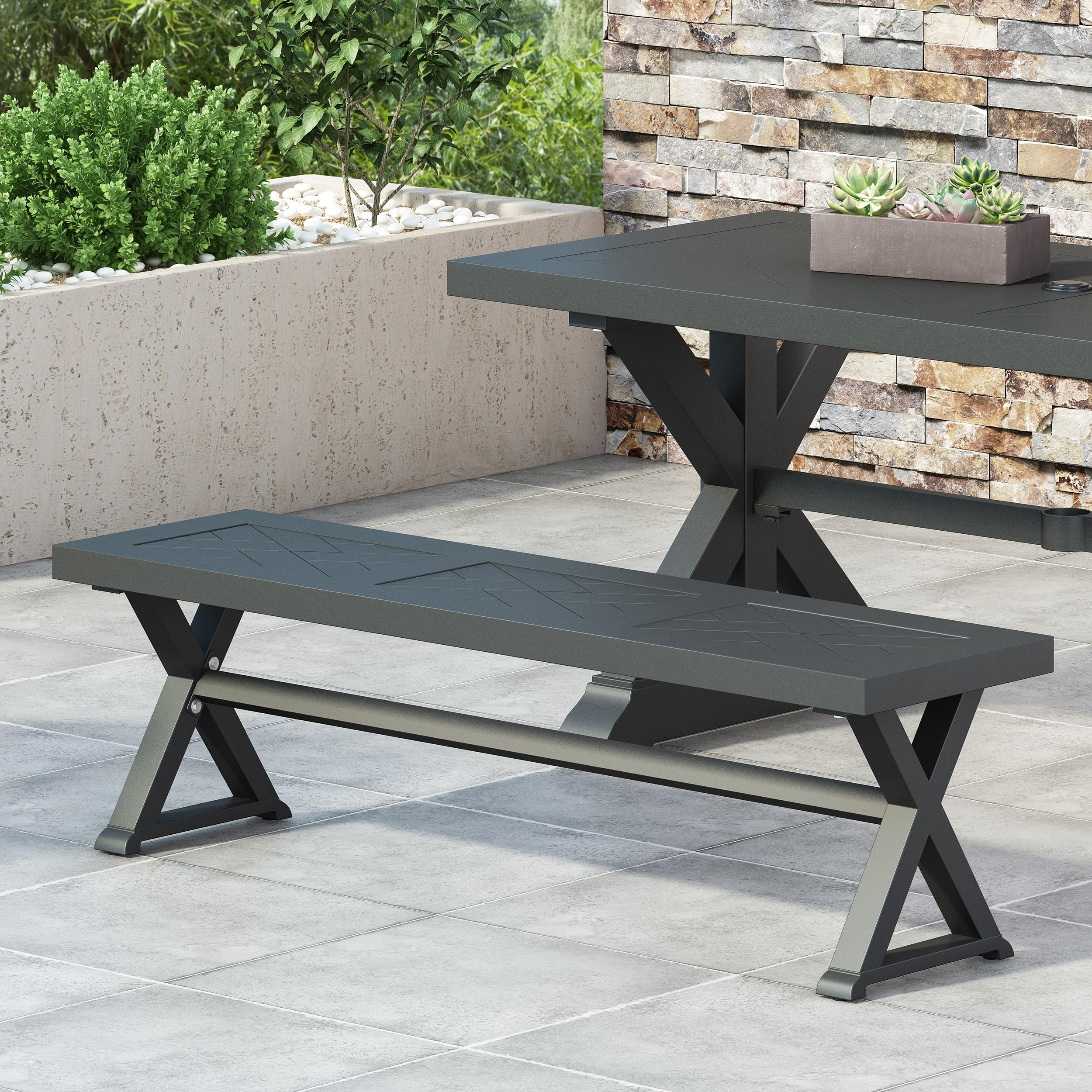 GDFStudio Great Deal Furniture Outdoor Aluminum Bench, Antique Black