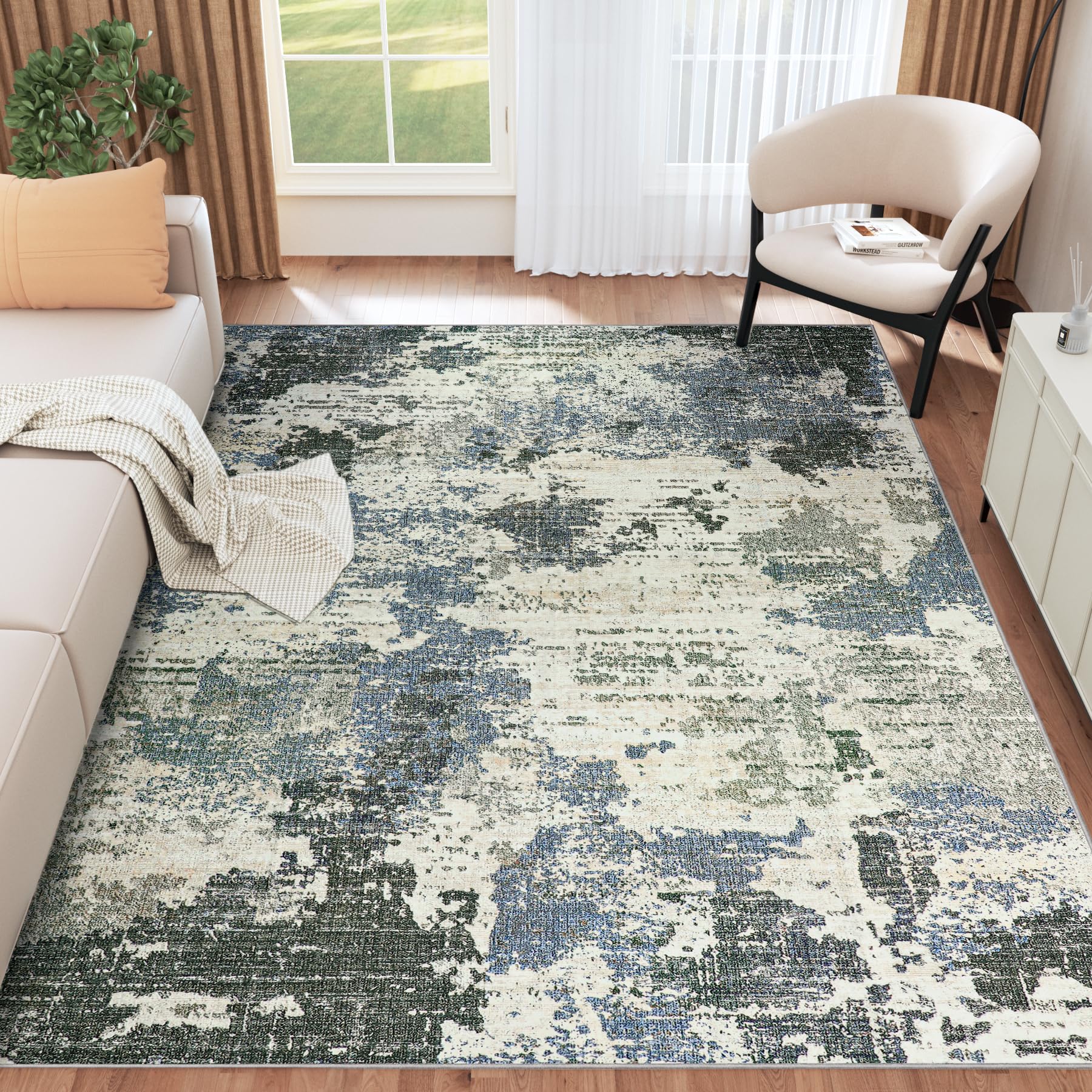 6x9 Area Rugs Living Room Rugs, Abstract Machine Washable Rugs with Anti-Slip Backing Stain Resistant Non-Shedding Soft Large Carpet for Bedroom Entryway Nursery Dining Room Indoor Decor-Blue/Gray