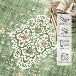 YesRug Green Small Rug 3x5, Boho Vintage Rug for Bathroom Living Room Bedroom Kitchen Office Rug, Non Slip Washable Soft Low Pile Area Rug Distressed Floor Carpet