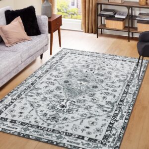 sazami bedroom rugs, 4x6 bohemian vintage tribal area rug, soft non-slip non-shedding machine washable floor carpet for living room kitchen bathroom home office dining room laundry room, grey