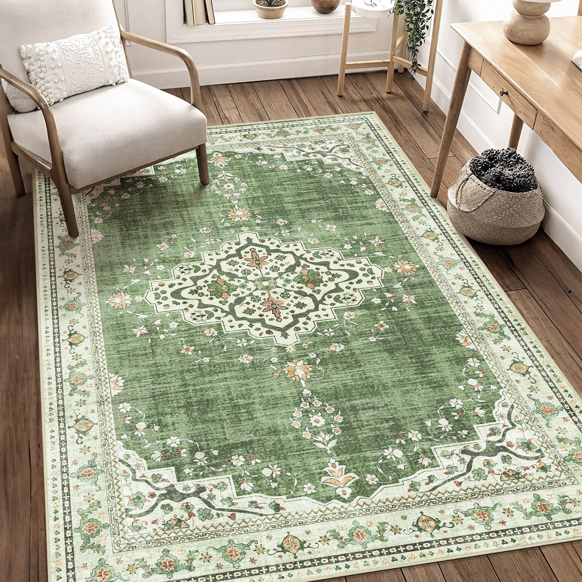 YesRug Green Small Rug 3x5, Boho Vintage Rug for Bathroom Living Room Bedroom Kitchen Office Rug, Non Slip Washable Soft Low Pile Area Rug Distressed Floor Carpet