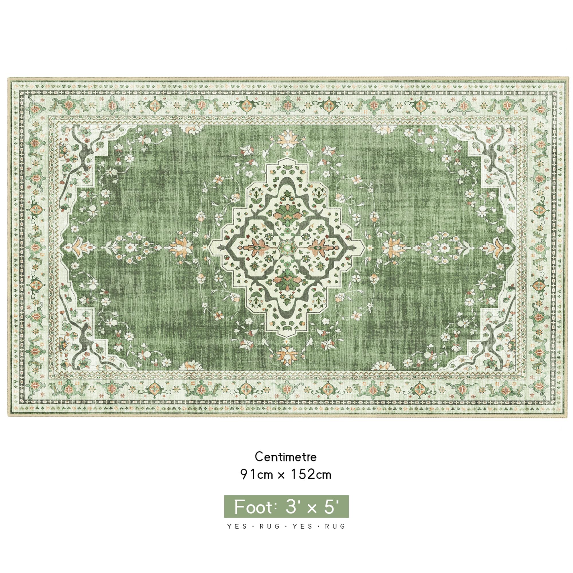 YesRug Green Small Rug 3x5, Boho Vintage Rug for Bathroom Living Room Bedroom Kitchen Office Rug, Non Slip Washable Soft Low Pile Area Rug Distressed Floor Carpet