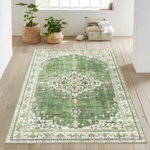 yesrug green small rug 3x5, boho vintage rug for bathroom living room bedroom kitchen office rug, non slip washable soft low pile area rug distressed floor carpet