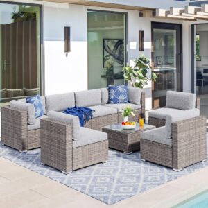 YITAHOME 8 Pieces Outdoor Patio Furniture Set, Sectional Sofa PE Rattan Wicker Conversation Set Outside Couch w/Table and Cushions for Porch Lawn Garden Backyard,Gray