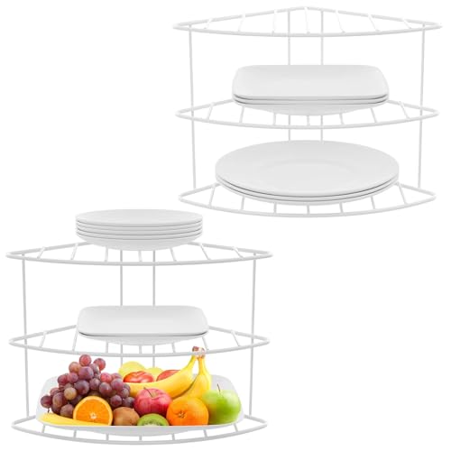 yaenoei 3-Tier Kitchen Details Corner Shelf Organizer | Cabinet & Countertop Storage | Plates | Cups | Bowls (2, White)