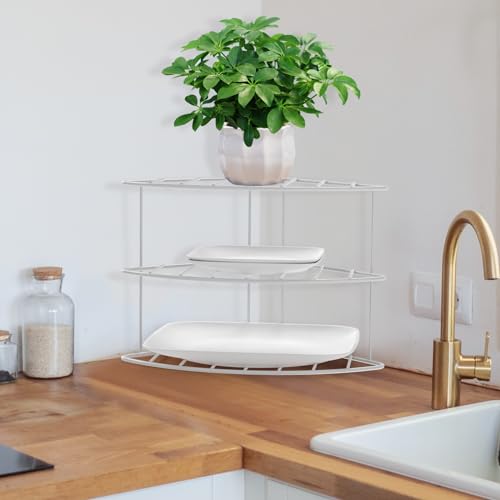 yaenoei 3-Tier Kitchen Details Corner Shelf Organizer | Cabinet & Countertop Storage | Plates | Cups | Bowls (2, White)