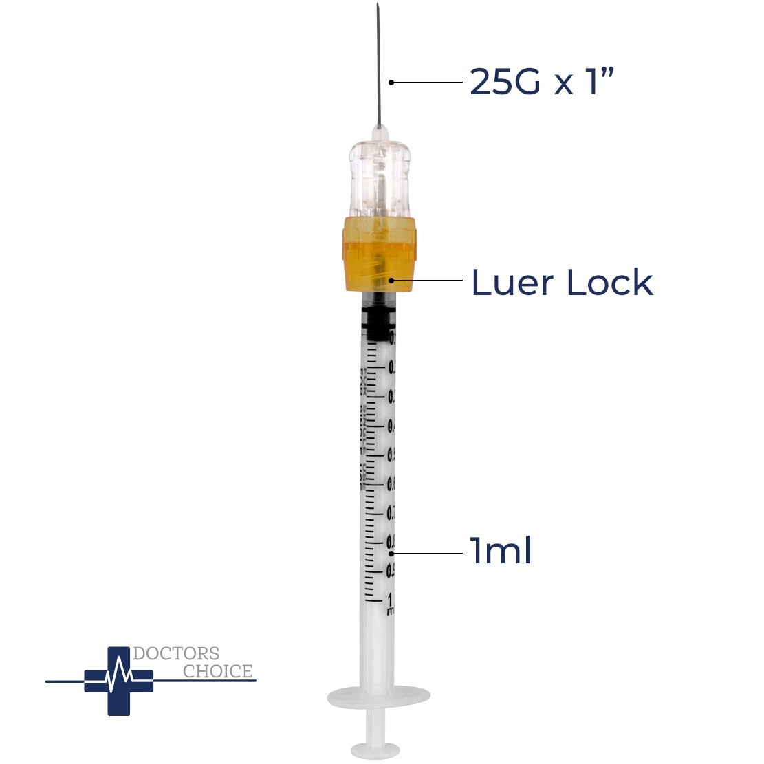 1 mL Precision Dispensing Tool - 25G x 1" - Luer Lock Tip with Safety Attachment, Individually Wrapped - Industrial and Personal Use (Box of 100)