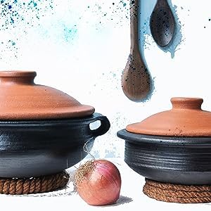 generic craftsman india online deep burned clay pot/earthen/mud/mitti handi for cooking and serving combo 1, 2 & 3 liter |uncoated |silver, black, mh4537jdf