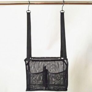 hobbyme portable hanging mesh bag with 2 hooks,easy to use,shower hanging bag with 4 storage pockets,practical bath storage bag shower organizer for bathroom college dorm gym(black)