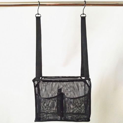 hobbyme Portable Hanging Mesh Bag with 2 Hooks,Easy to Use,Shower Hanging Bag with 4 Storage Pockets,Practical Bath Storage Bag Shower Organizer for Bathroom College Dorm Gym(Black)