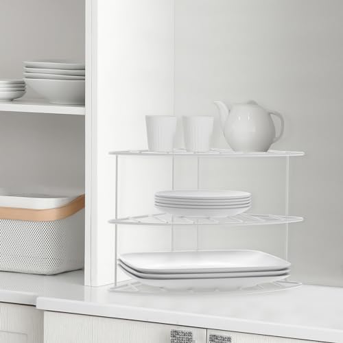 yaenoei 3-Tier Kitchen Details Corner Shelf Organizer | Cabinet & Countertop Storage | Plates | Cups | Bowls (2, White)