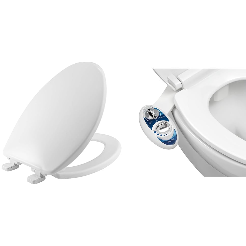 MAYFAIR 1880SLOW 000 Caswell Toilet Seat will Slowly Close and Never Loosen, ELONGATED & LUXE Bidet NEO 185 - Self-Cleaning, Dual Nozzle, Non-Electric Bidet Attachment for Toilet Seat