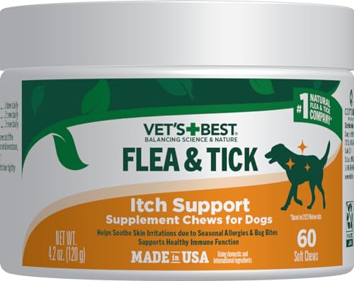 Vet’s Best Flea & Tick Support Soft Chews – Itch Support – Supplement Chews for Dogs – Soothes Skin Irritations Due to Seasonal Allergies, Fleas & Ticks – 60 Chews