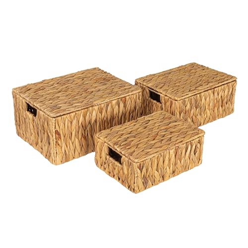 Household Essentials Rectangular Water Hyacinth Nesting Basket Set with Lid, Natural, Set of 3