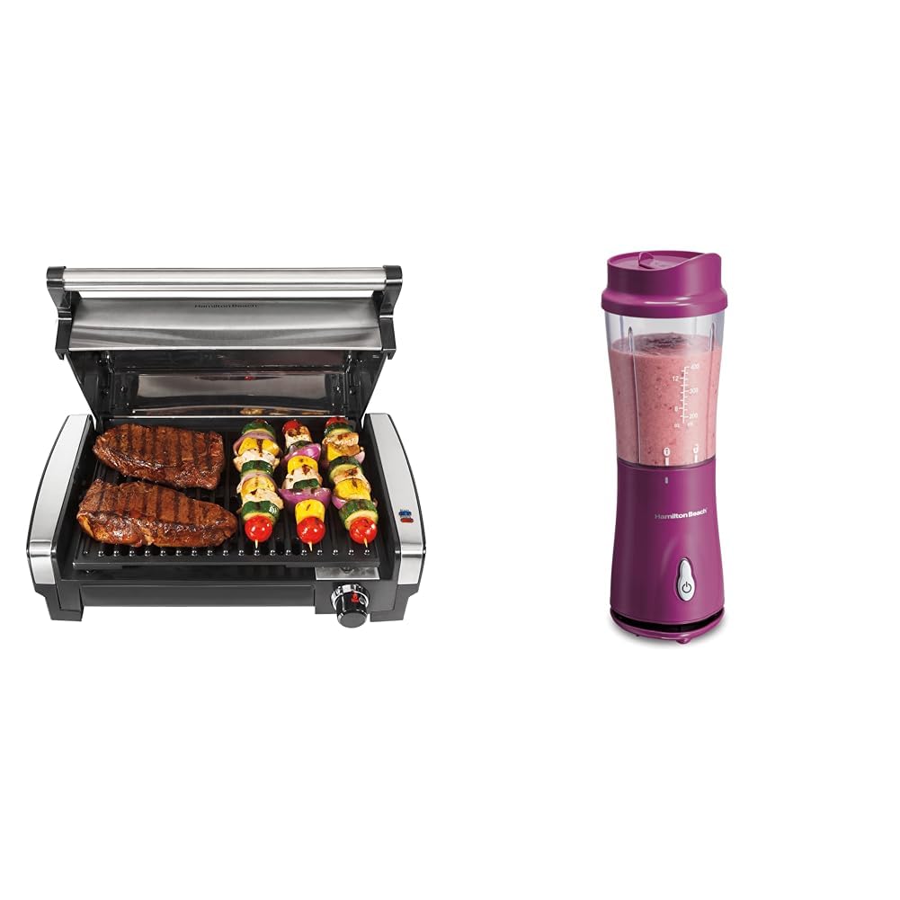 Hamilton Beach Electric Indoor Searing Grill with Adjustable Temperature Control to 450F & Portable Blender for Shakes and Smoothies with 14 Oz BPA Free Travel Cup and Lid