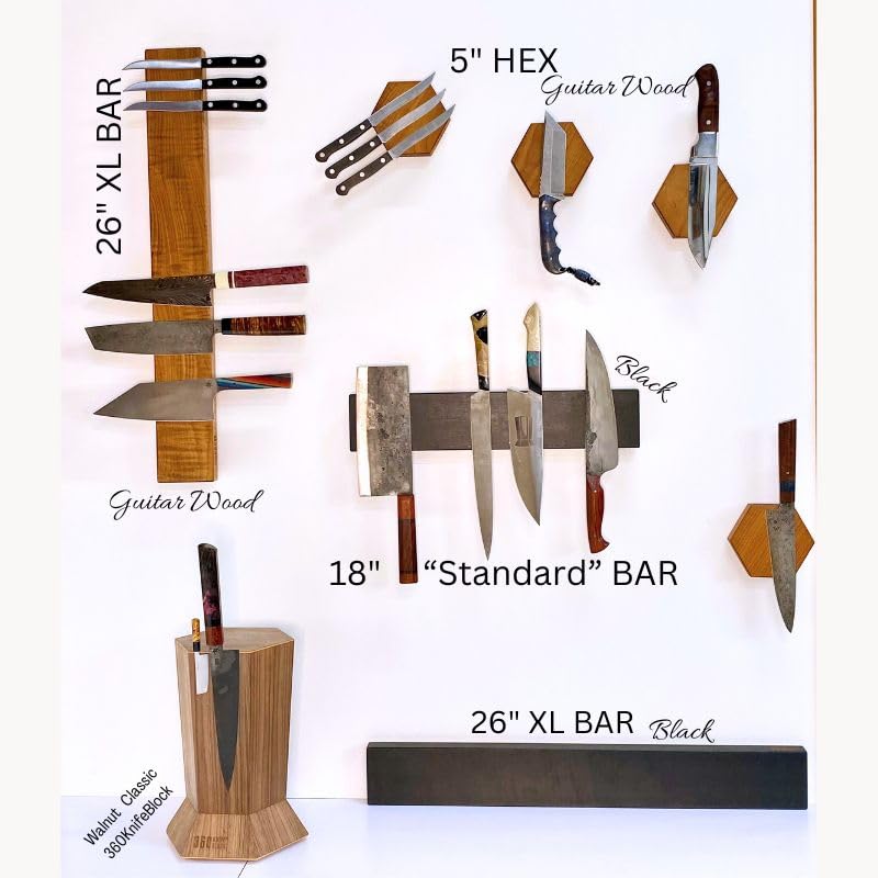 360KnifeBlock magnetic knife HEX - Guitar Wood - 2 Rows of Magnets, 'magic floating backer' w/level system, 2"screws, 3 sizes from 5" to 26" - handmade in Washington (Black, 5" Hexagon)