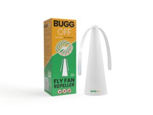 buggoff white fly & flying insect repellent fan with twin blades, table top & hangable, battery powered or 5v plug in, batteries not included. safe blades with auto stop. (1 pack)