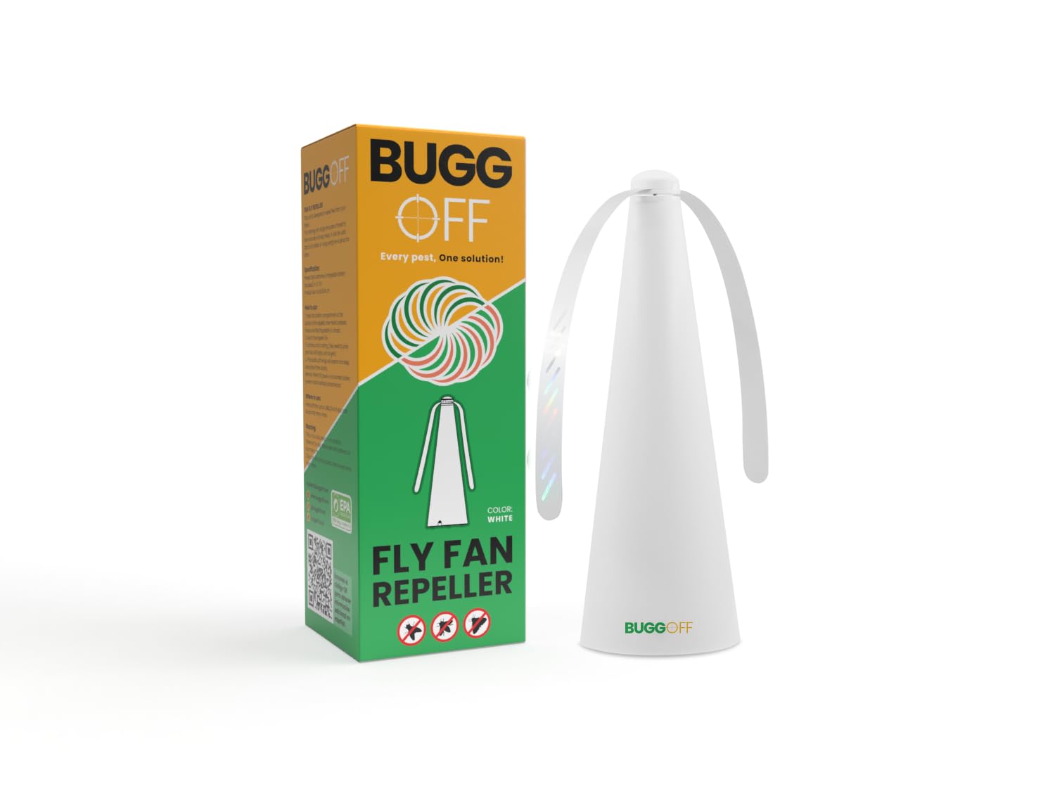 BUGGOFF White Fly & Flying Insect Repellent Fan with Twin Blades, Table top & Hangable, Battery Powered or 5V Plug in, Batteries NOT Included. Safe Blades with Auto Stop. (1 Pack)