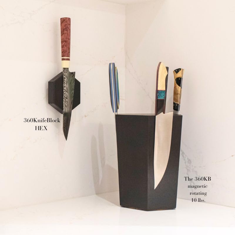 360KnifeBlock magnetic knife HEX - Guitar Wood - 2 Rows of Magnets, 'magic floating backer' w/level system, 2"screws, 3 sizes from 5" to 26" - handmade in Washington (Black, 5" Hexagon)