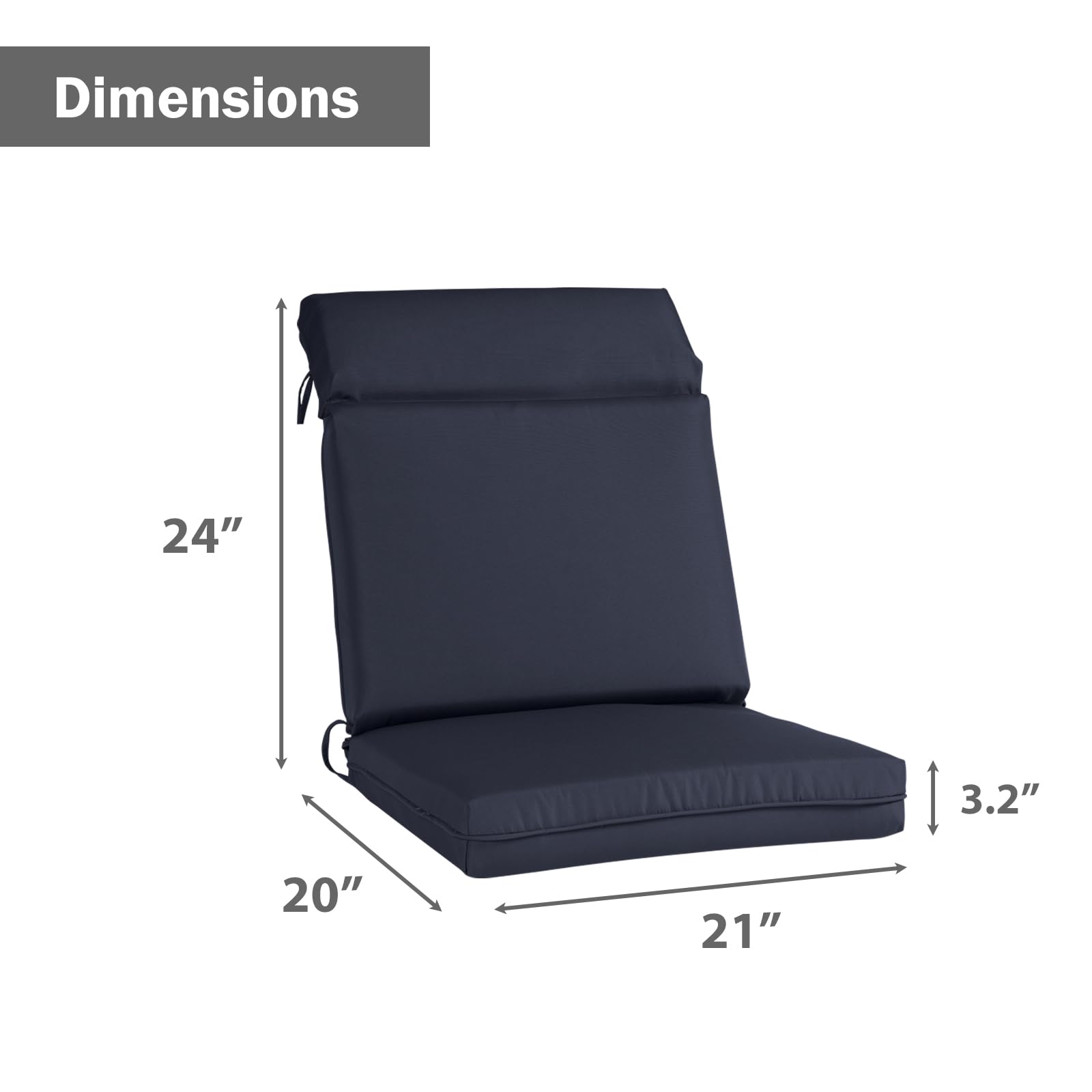 BPS Outdoor Cartridge High Back Dining Chair Cushion Set, Fade Resistant and Water Resistant Polyester Fabric Cover with Ties and Zipper, 44"x21"x3.2", Navy Blue, Set of 4