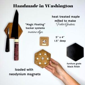 360KnifeBlock magnetic knife HEX - Guitar Wood - 2 Rows of Magnets, 'magic floating backer' w/level system, 2"screws, 3 sizes from 5" to 26" - handmade in Washington (Black, 5" Hexagon)