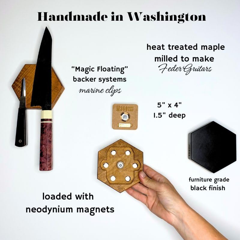 360KnifeBlock magnetic knife HEX - Guitar Wood - 2 Rows of Magnets, 'magic floating backer' w/level system, 2"screws, 3 sizes from 5" to 26" - handmade in Washington (Black, 5" Hexagon)