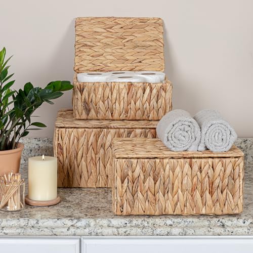 Household Essentials Rectangular Water Hyacinth Nesting Basket Set with Lid, Natural, Set of 3