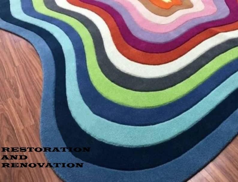 Restoration and Renovation Irregular Shaped Handmade Wool Rug | Modern Colourful Stripe Premium Area Rug Perfect for Home Decor (Blue Multi, 3' x 5')