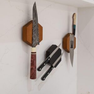 360KnifeBlock magnetic knife HEX - Guitar Wood - 2 Rows of Magnets, 'magic floating backer' w/level system, 2"screws, 3 sizes from 5" to 26" - handmade in Washington (Black, 5" Hexagon)