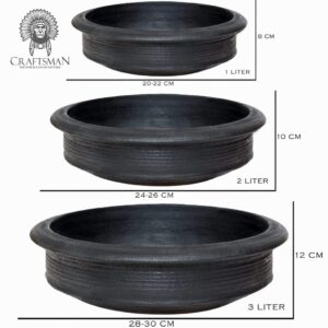 Generic Craftsman India Online Deep Burned Clay Pot/Earthen/Mud/Mitti Handi for Cooking and Serving Combo 1, 2 & 3 Liter |Uncoated |Silver, Black, MH4537JDF