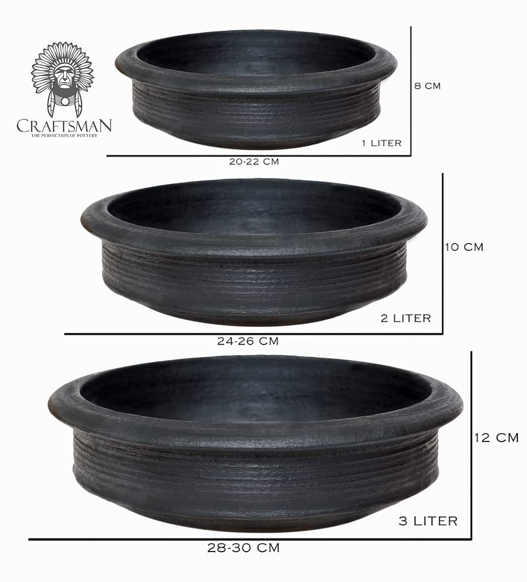 Generic Craftsman India Online Deep Burned Clay Pot/Earthen/Mud/Mitti Handi for Cooking and Serving Combo 1, 2 & 3 Liter |Uncoated |Silver, Black, MH4537JDF