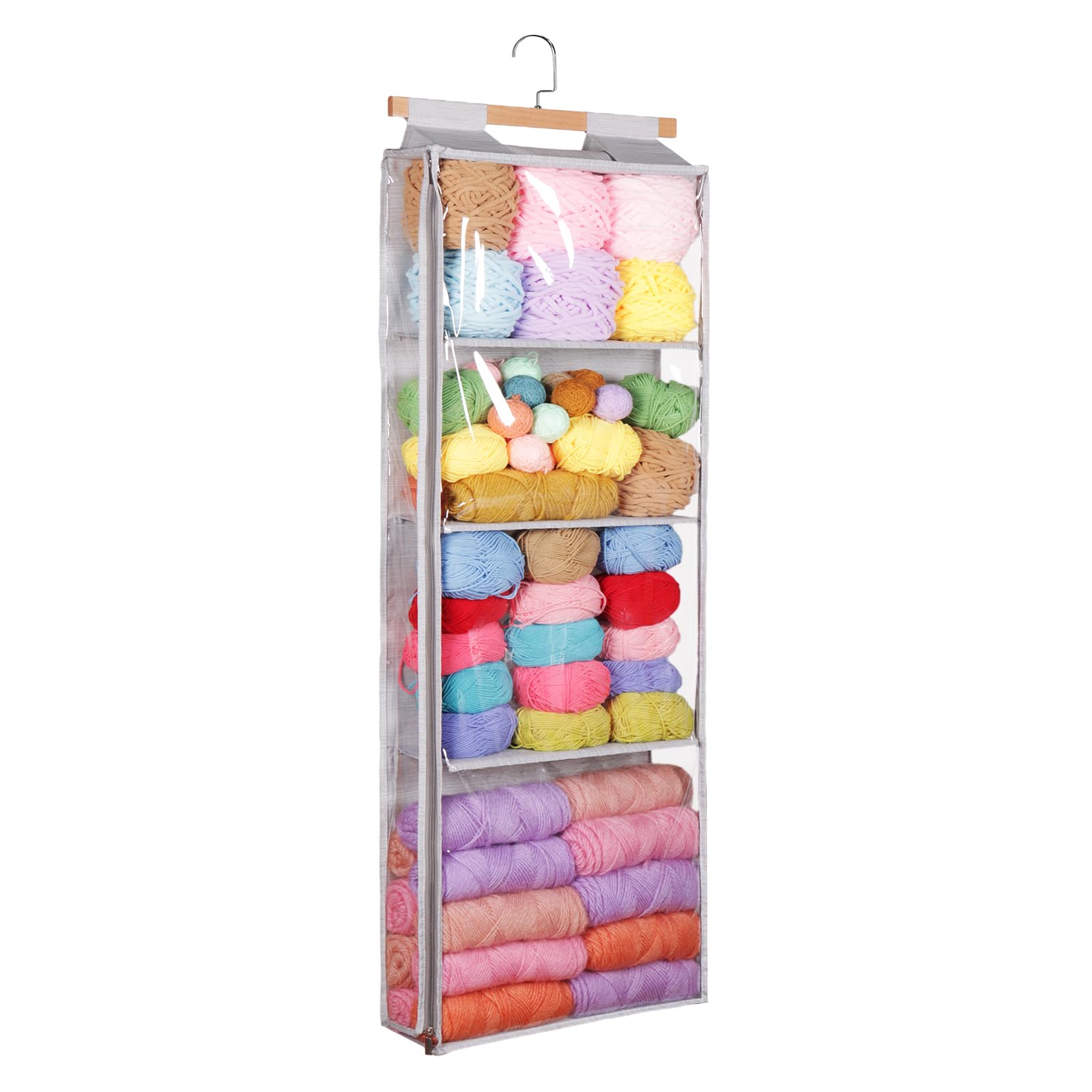 Hanging Yarn Storage with 4 Large Pockets, Clear Knitting Organizer Storage with Zippers for Crochet Lovers, Hanging Yarn Holder with Over-Door Hooks for Knitting Needles Crochet Hooks