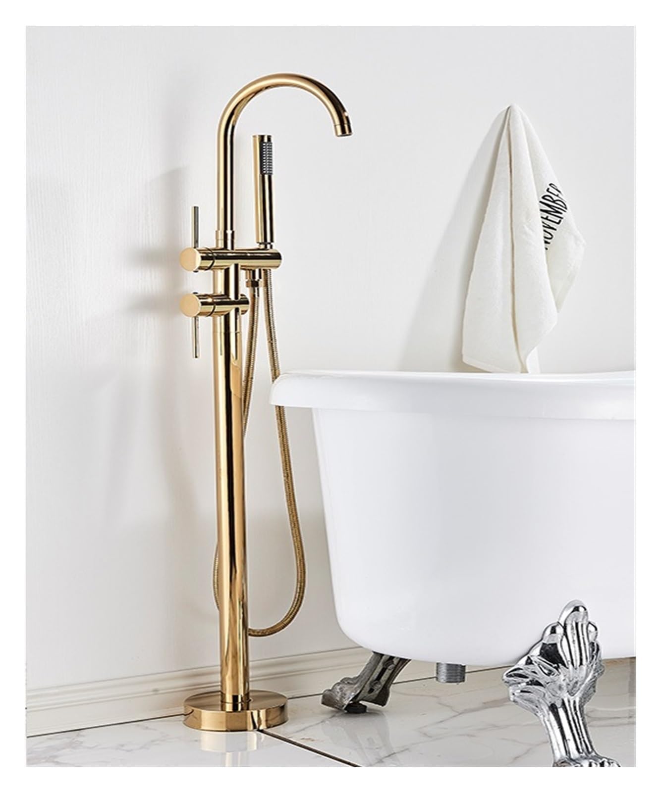 KXFXQTOT Bathtub shower set floor standing round with brass hand shower hot and cold faucet (Color : Polish gold B)