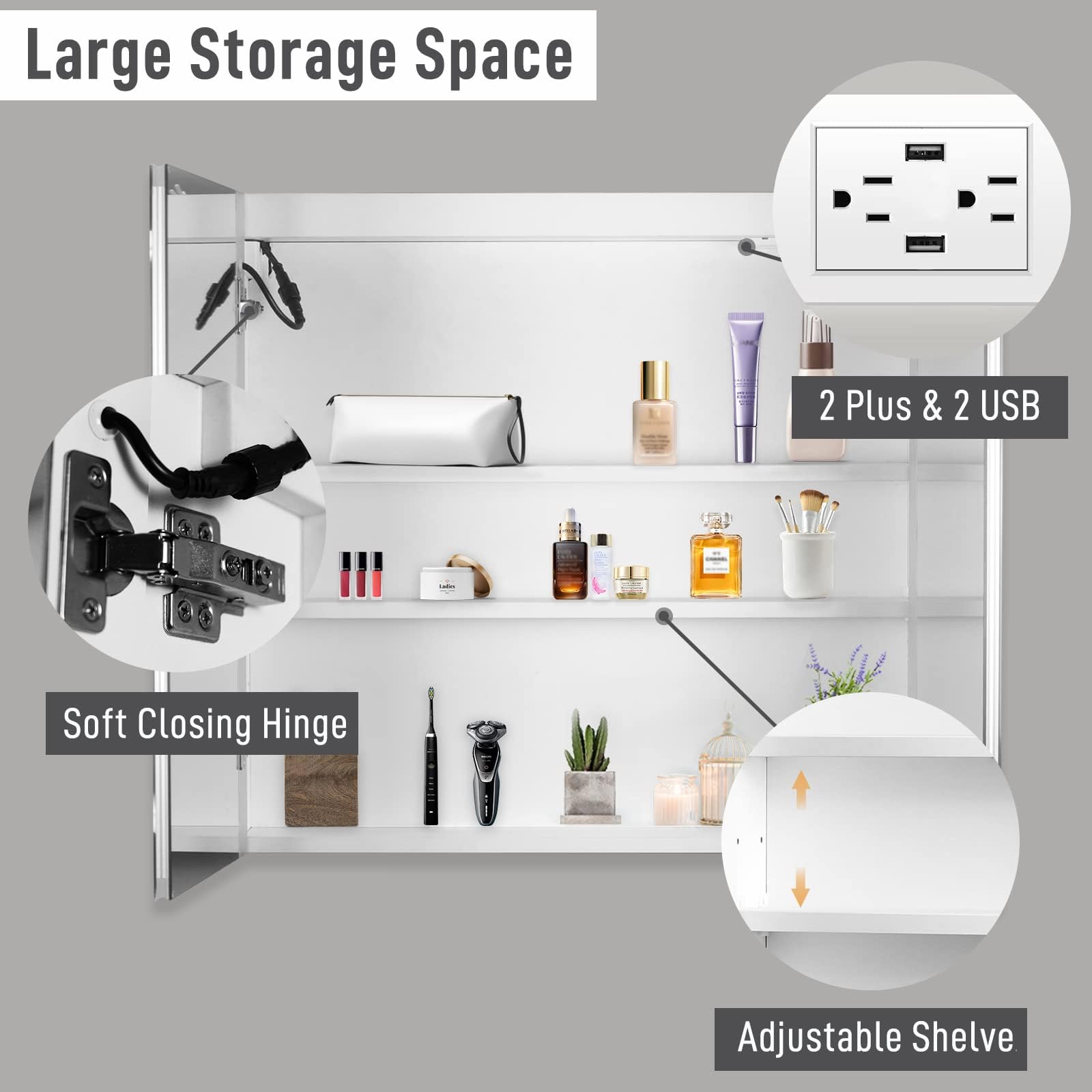 Karl home 2-Doors 32"x28" LED Medicine Cabinet for Bathroom, 3-Color Wall Mounted Dimmable Bathroom Cabinet with 3-Tiers Storage Shelves, Anti-Fog, USB Charge, White