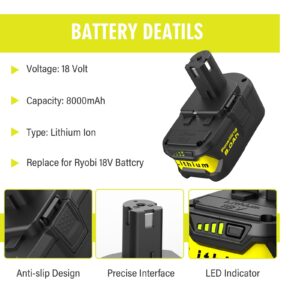 Powilling 2Packs 8.0Ah Battery Replacement for Ryobi 18V Battery, 18 Volt Lithium ion Batteries for Ryobi One 18V Cordless Tools P108 P107 P105 P104 P103 P102