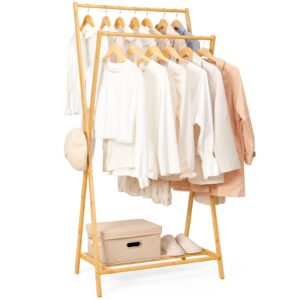 cozivolife bamboo clothes rack with storage shelf, portable garment rack clothing racks for hanging clothes, foldable wardrobe storage rack for entryway and bed room (natural)