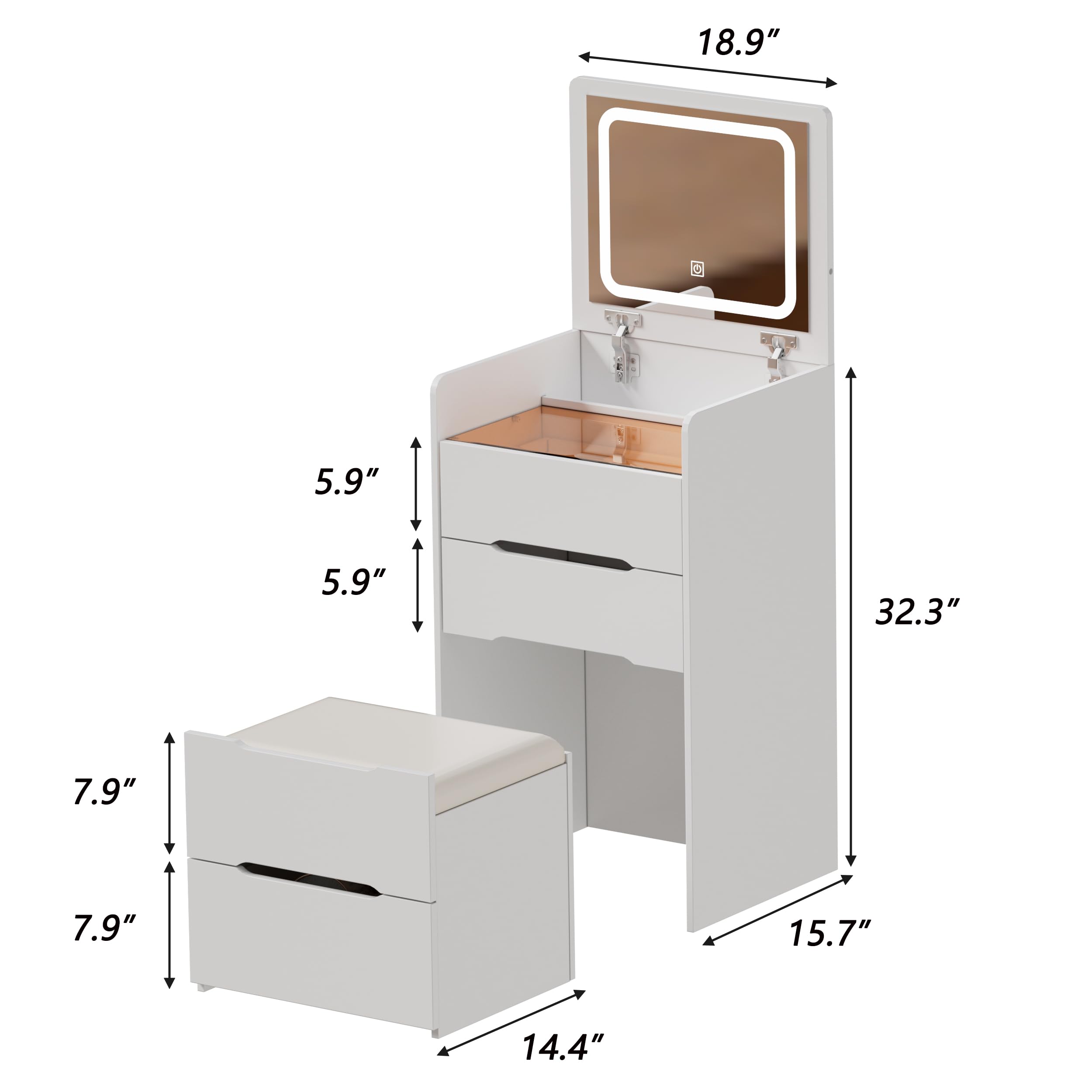 PAKASEPT 3 in 1 Vanity Desk with Plip Top Mirror, Small Make Up Vanity Set with Visible Glass Desktop, Compact with 3 Drawers,Cushioned Tool,Dressing Table for Bedroom