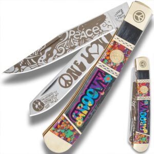 kissing crane groovy trapper pocket knife | laser etched stainless steel blades | 3d printed bone and acrylic handle scales | nickel silver boosters | 1960's tribute | closed length 4"