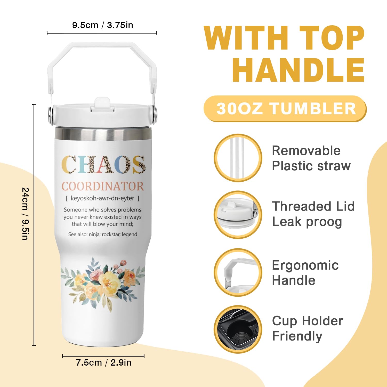 Chaos Coordinator Tumbler Gifts for Women Boss Lady-Coworker Gifts 30oz Insulated Tumblers with Handle,Leak-Proof Lid and Straw,Travel Coffee Mug,Stainless Steel Water Bottle